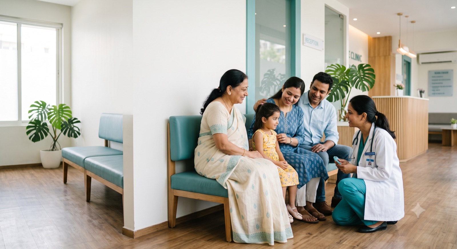 Indian family with doctor, warm natural light